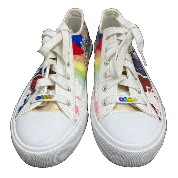 Rainbow White Canvas Custom Sneakers Women 11 Men 9.5 NYC Marvel Statement Shoes - Picture 2 of 12